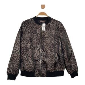 NEW! QED LONDON WOMENS TAN BLACK LEOPARD PRINT BOMBER JACKET SIZE US 8 UK 12